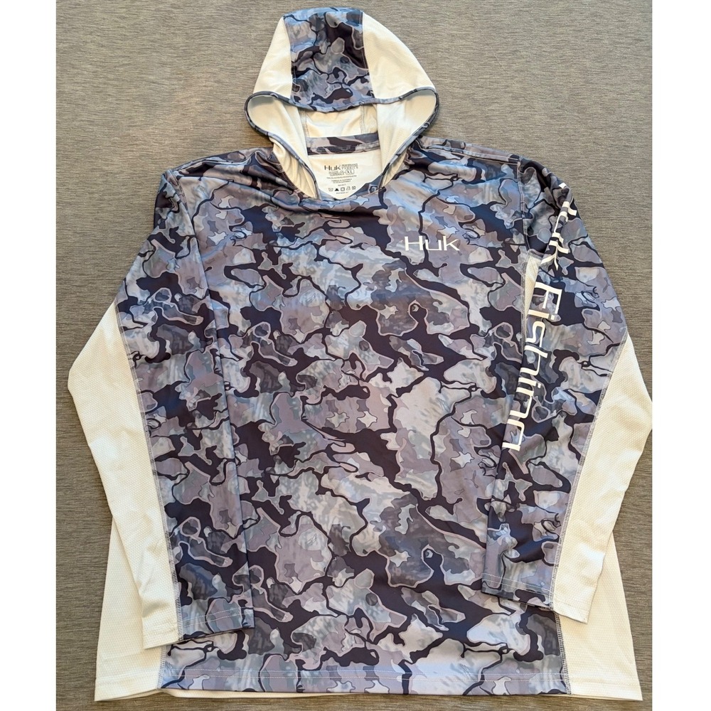 Huk Performance Fishing Hoodie Mens XL Blue Camo Sun Shirt Mesh Breathable
